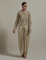 Beige Embellished Short Jacket With Draped Skirt