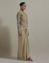 Beige Embellished Short Jacket With Draped Skirt