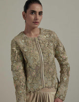 Beige Embellished Short Jacket With Draped Skirt