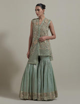 Green Asymmetric Embellished Kurta With Gharara