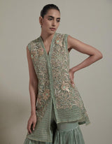 Green Asymmetric Embellished Kurta With Gharara