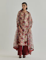 Beige With Red Rosette Nomad Kurta Set