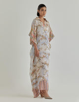 Offwhite Jardin Flou Printed Crepe Kaftan Embellished With Hand Embroidery