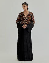 Black Jaspe Long Kaftan In Crinkle And Crepe Fabric