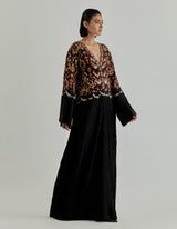 Black Jaspe Long Kaftan In Crinkle And Crepe Fabric