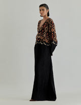 Black Jaspe Long Kaftan In Crinkle And Crepe Fabric