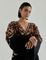 Black Jaspe Long Kaftan In Crinkle And Crepe Fabric