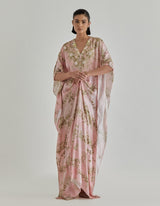 Pink Jardin Flou Printed Kaftan Embellished With Hand Embroidery