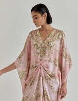 Pink Jardin Flou Printed Kaftan Embellished With Hand Embroidery