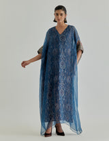 Blue Jaspe Long Kaftan Overlayered With Transclusant Silk Organza