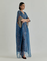Blue Jaspe Long Kaftan Overlayered With Transclusant Silk Organza