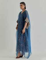 Blue Jaspe Long Kaftan Overlayered With Transclusant Silk Organza