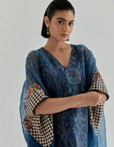Blue Jaspe Long Kaftan Overlayered With Transclusant Silk Organza