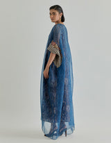 Blue Jaspe Long Kaftan Overlayered With Transclusant Silk Organza