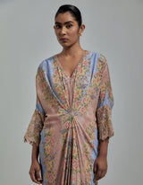 Multicolor Printed Draped Kaftan With Embellished Cuffs