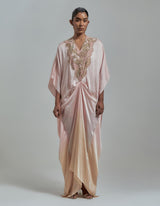 Pink Ombre Dyed Draped Kaftan With Embroidered Neckline