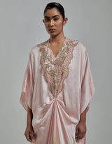 Pink Ombre Dyed Draped Kaftan With Embroidered Neckline