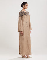 Beige Applique Hand Embroidered Kaftan
