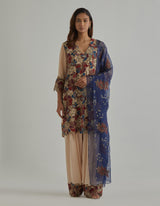 Beige Blue Embroidered Farshi Set