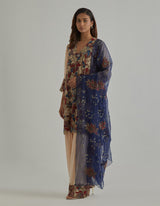 Beige Blue Embroidered Farshi Set