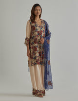 Beige Blue Embroidered Farshi Set