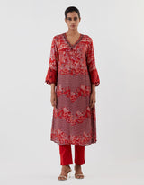 Red Hand Crushed Emrbroidered Kurta Set