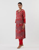 Red Hand Crushed Emrbroidered Kurta Set