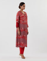 Red Hand Crushed Emrbroidered Kurta Set