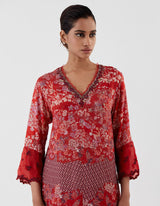 Red Hand Crushed Emrbroidered Kurta Set