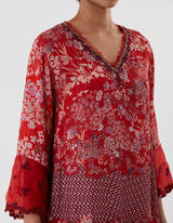 Red Hand Crushed Emrbroidered Kurta Set