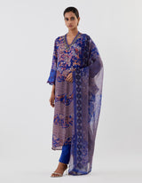 Blue Hand Crushed Emrbroidered Neckline and Cuffs Kurta Set