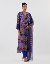 Blue Hand Crushed Emrbroidered Neckline and Cuffs Kurta Set