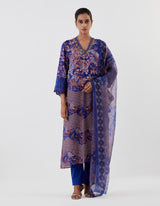 Blue Hand Crushed Emrbroidered Neckline and Cuffs Kurta Set
