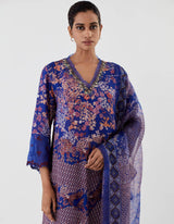 Blue Hand Crushed Emrbroidered Neckline and Cuffs Kurta Set