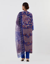 Blue Hand Crushed Emrbroidered Neckline and Cuffs Kurta Set
