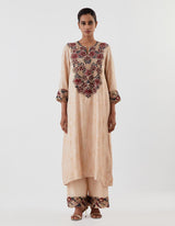 Nude Pink Embellished Neckline Yoke Kurta Set