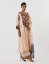 Nude Pink Embellished Neckline Yoke Kurta Set
