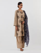 Beige Embroidered Applique Kurta with Farshi Salwar and Dupatta