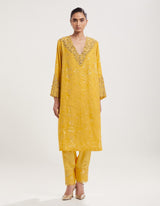 Yellow Hand Embroidered and Printed Kurta with Salwar and Dupatta