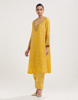 Yellow Hand Embroidered and Printed Kurta with Salwar and Dupatta