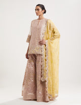 Nude Pink Embroidered Tissue Kurta with Sharara Set