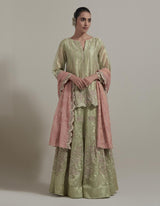 Embellished Short Kurti With Embroidered Skirt And Organza Dupatta