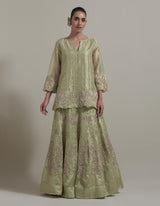 Embellished Short Kurti With Embroidered Skirt And Organza Dupatta