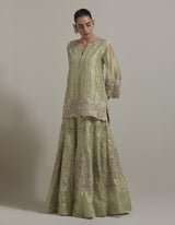 Embellished Short Kurti With Embroidered Skirt And Organza Dupatta
