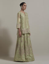 Embellished Short Kurti With Embroidered Skirt And Organza Dupatta