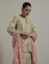 Embellished Short Kurti With Embroidered Skirt And Organza Dupatta