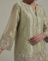 Embellished Short Kurti With Embroidered Skirt And Organza Dupatta