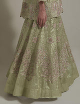 Embellished Short Kurti With Embroidered Skirt And Organza Dupatta