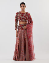 Red Embellished Crop Top with Lehenga Set