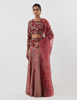 Red Embellished Crop Top with Lehenga Set